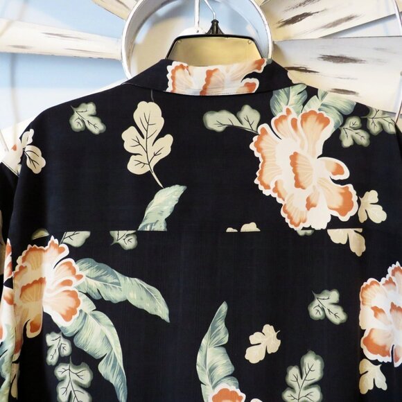 Island Republic 100% Silk Short Sleeve Button Down Hawaiian Black Floral Large - Picture 7 of 9